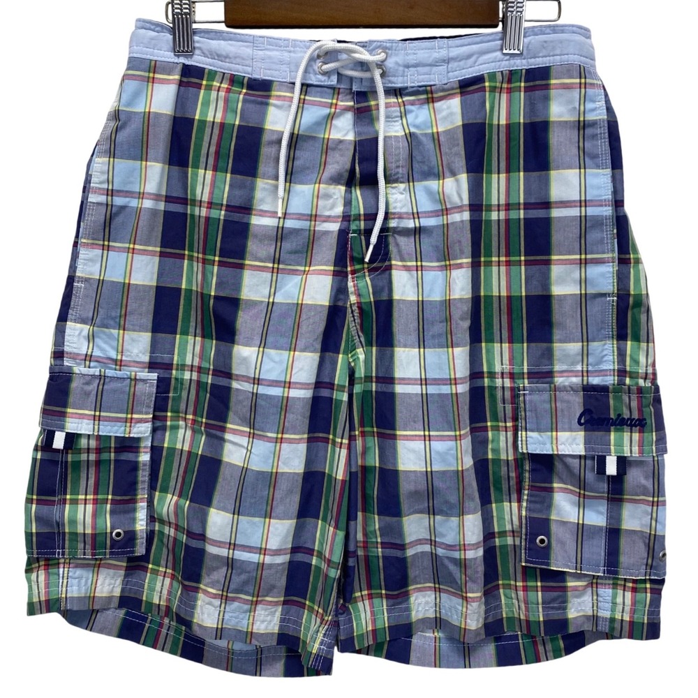 Daniel Cremieux Mens Plaid Cargo Swim Trunks Board Shorts Size Medium Blue Green